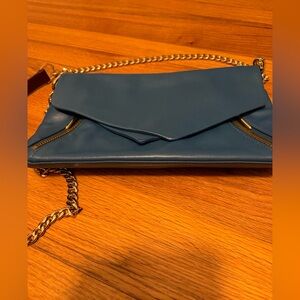 Pour La Victoire Blue Leather Clutch with Gold Chain